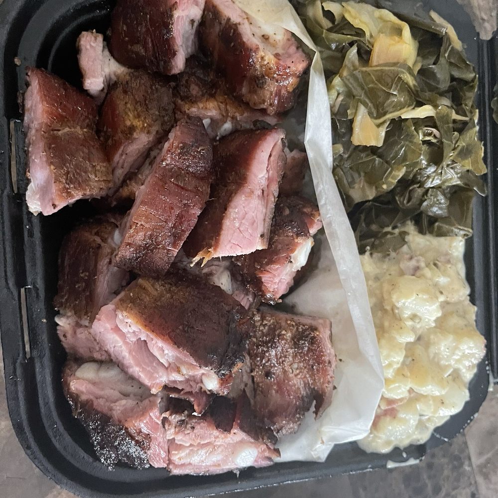 TrucKings BBQ - Rib Tip Dinner with potato salad and collards. - Barbeque Near Me - Fairburn, Georgia TrucKings BBQ - Rib Tip Dinner with potato salad and collards. - Barbeque Near Me - Fairburn, Georgia