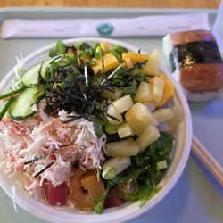 Poke Pop - Three protein poke bowl (ahi tuna, spicy shrimp, tamago,) spam musubi