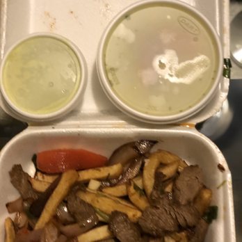 Pollo Inka Express - Lomo saltado with their green salsa and their chicken soup. - Peruvian Near Me - Hawthorne, California Pollo Inka Express - Lomo saltado with their green salsa and their chicken soup. - Peruvian Near Me - Hawthorne, California