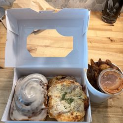 Knead Bakehouse + Provisions - Cinnamon roll, bacon/cheese sourdough, and breakfast potatoes