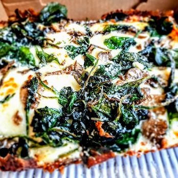 Crust Pizzeria - Small Detroit White with mushrooms and spinach. - Pizza Near Me - Havertown, Pennsylvania