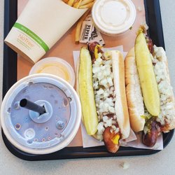 Ted's Hot Dog - Two regular chargrilled dogs, a fry, cheddar sauce, horseradish sauce and a medium diet pepsi.