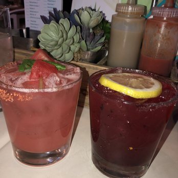 Mas Taco Bar - Left: Watermelon Basil Margarita Right: Huckleberry-Meyer Lemon Margarita - Breakfast & Brunch Near Me - Folsom, California Mas Taco Bar - Left: Watermelon Basil Margarita Right: Huckleberry-Meyer Lemon Margarita - Breakfast & Brunch Near Me - Folsom, California