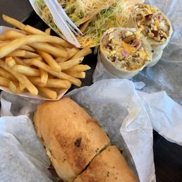 trainwreck, tri-tip tacos, breakfast burrito and fries!! trainwreck, tri-tip tacos, breakfast burrito and fries!!