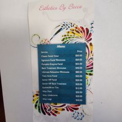 Menu of services provided. Prices included
