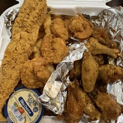 50 Yard Line Sports Bar & Grill - Combo- 1 pc whiting fish, fried shrimp, lemon pepper wings and fries.