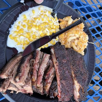 Castroville BBQ - 2 Meat Plate - Sliced Brisket and Pork Ribs Cream Corn and Mac And Cheese - Smokehouse Near Me - Castroville, Texas Castroville BBQ - 2 Meat Plate - Sliced Brisket and Pork Ribs Cream Corn and Mac And Cheese - Smokehouse Near Me - Castroville, Texas