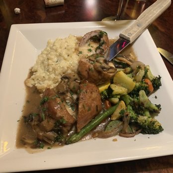 Cafe Tuscano - Saltimbocca with pan mushroom gravy, risotto and steamed vegetables. - Italian Near Me - Pocatello, Idaho Cafe Tuscano - Saltimbocca with pan mushroom gravy, risotto and steamed vegetables. - Italian Near Me - Pocatello, Idaho