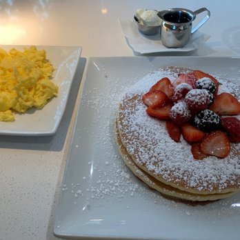 Cafe Mimosa - Short stack pancakes with scrambled eggs, butter and syrup. - Breakfast & Brunch Near Me - Petaluma, California Cafe Mimosa - Short stack pancakes with scrambled eggs, butter and syrup. - Breakfast & Brunch Near Me - Petaluma, California