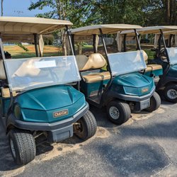 Sugar Creek Golf & Tennis Club - Golf cart staging area. Sugar Creek's current fleet consists of basic Club Car carts. Hard to steer, brakes on our cart #47 locked up.