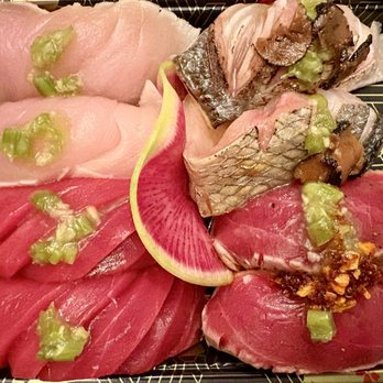 Asaka Sushi - Bincho (top left), Kurodai (top right), Blue Fin Tuna (bottom left) and Seared Tuna - Sushi Bars Near Me - Centennial, Colorado Asaka Sushi - Bincho (top left), Kurodai (top right), Blue Fin Tuna (bottom left) and Seared Tuna - Sushi Bars Near Me - Centennial, Colorado
