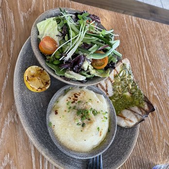 Pacific Catch - Kanpachi yellow tail with asian herb chimchurri with the sides of house salad and crab mashed potatoes - Seafood Near Me - Cupertino, California