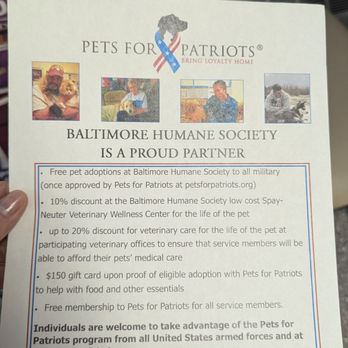 Baltimore Humane Society - Pets for Patriots! As a veteran, I really appreciate something like this. - Veterinarians Near Me - Reisterstown, Maryland Baltimore Humane Society - Pets for Patriots! As a veteran, I really appreciate something like this. - Veterinarians Near Me - Reisterstown, Maryland