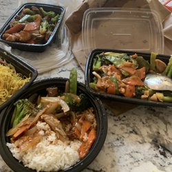 China King - Szechuan beef lunch special, Chicken with garlic sauce, triple delight, singapore rice noodle.