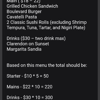 Solset Bar - Email stating drinks are "optional for an additional charge" & the menu outline is if all guests chooses to take the DRINK OPTION ($62 PP) - Bars Near Me - Arlington, Virginia Solset Bar - Email stating drinks are "optional for an additional charge" & the menu outline is if all guests chooses to take the DRINK OPTION ($62 PP) - Bars Near Me - Arlington, Virginia