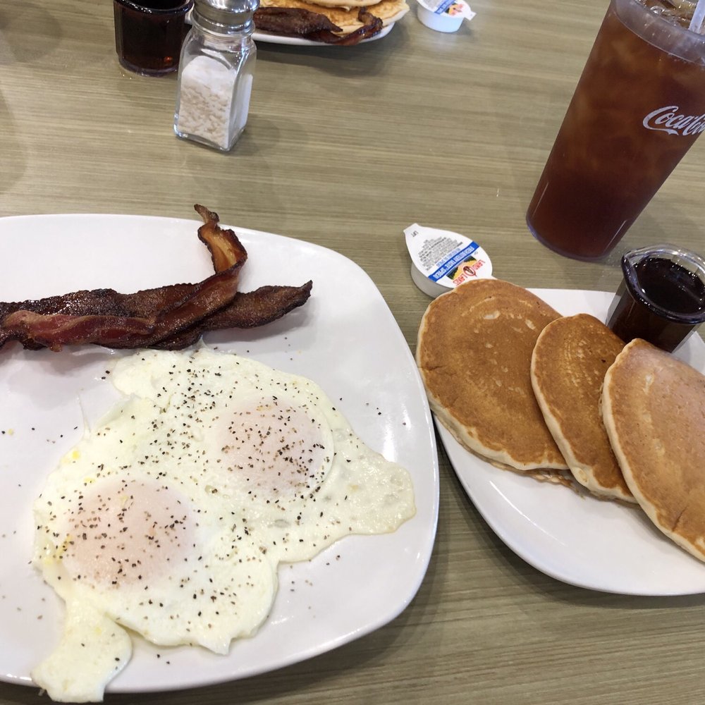 bacon & eggs over medium w/ short-stack pancakes - Senior pancake breakfast w/ an extra egg