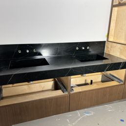 Soapstone bathroom vanity with ramp sinks -
just installed Soapstone bathroom vanity with ramp sinks -
just installed