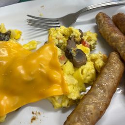 Breakfast of Veggie Omelette and sausage links