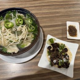 Chicken Pho (Large) and Asada Street Tacos (ea)