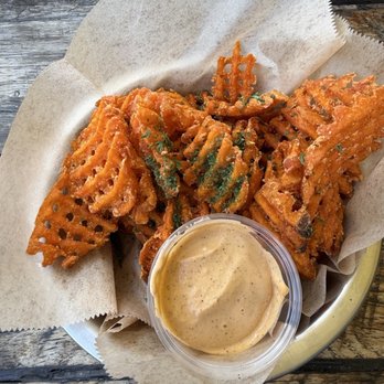 Spitz - Salt Lake City - Waffle Sweet Potato fries. Sauce was the bomb! - Mediterranean Near Me - Salt Lake City, Utah Spitz - Salt Lake City - Waffle Sweet Potato fries. Sauce was the bomb! - Mediterranean Near Me - Salt Lake City, Utah