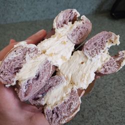 BC Bagels - Without a doubt, the BEST bagels in town, and the BEST bagels from anywhere around! :-) Blueberry bagel with apple pie cream cheese.