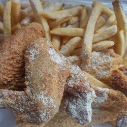 Hook's Catch - 2 catfish 3 wing dinner. It was so so. The catfish tasted like SWAI and the fries were flavorless. The wings were so so. I paid $17+