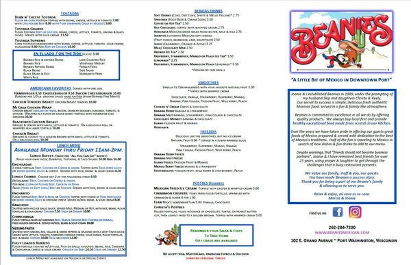 Menu photo 1 Beanies Mexican Restaurant Port Washington, WI Menu photo 1 Beanies Mexican Restaurant Port Washington, WI