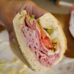 a person holding a sandwich in their hand