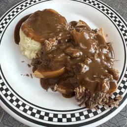 Open faced Pot Roast Sandwich with Mashed Potatoes and Gravy