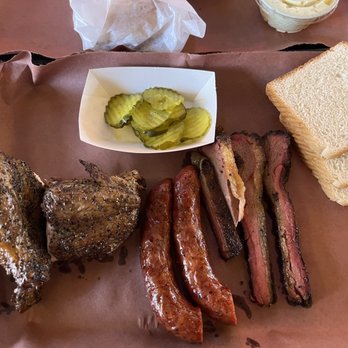 Hays Co. Bar-B-Que and Catering - Half chicken, regular sausage and brisket. Bread and pickles. Sooo good! - Barbeque Near Me - Kyle, Texas Hays Co. Bar-B-Que and Catering - Half chicken, regular sausage and brisket. Bread and pickles. Sooo good! - Barbeque Near Me - Kyle, Texas