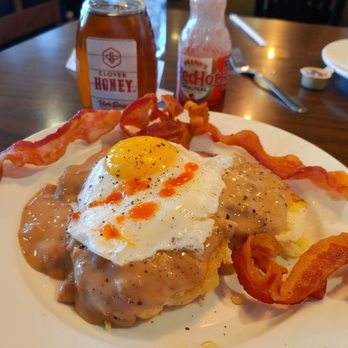 Bob Evans - 2 biscuits with a cup of sausage gravy, bacon and one egg sunny-side, ask for Center biscuits toasted on the grill. Under $9 out the door. - American Near Me - Grove City, Ohio Bob Evans - 2 biscuits with a cup of sausage gravy, bacon and one egg sunny-side, ask for Center biscuits toasted on the grill. Under $9 out the door. - American Near Me - Grove City, Ohio