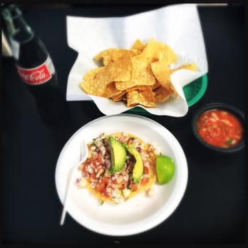 Los Cabos Tacos - Shrimp Ceviche Tostada. Comes with chips and salsa. I added the Mexican Coca Cola. - Seafood Near Me - Riverside, California