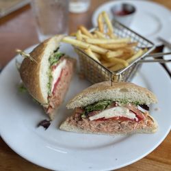 Out of the Fire Cafe - Delicious over-stuffed house-smoked salmon sandwich on fresh ciabatta
