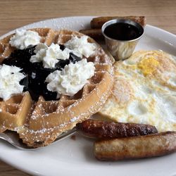 Sunrise Grill - Waffles with blueberries, eggs, and sausage