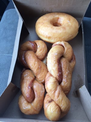 Photo of Hometown Pizza - Oroville, WA, US. Regular glazed and 2 cinnamon twists.