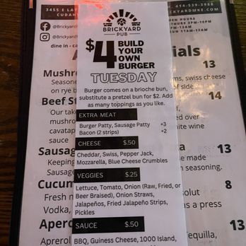 Brickyard Pub & Patio - Tuesday BYOB Menu - Sports Bars Near Me - Cudahy, Wisconsin