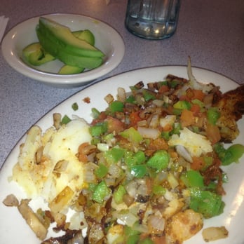 Clayton's Coffee Shop - Hash browns w/mixed veggies on top and a side if avocado. - Coffee & Tea Near Me - Coronado, California