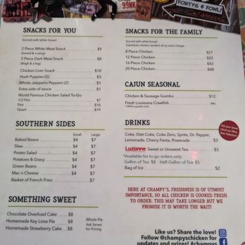 Champy's Famous Fried Chicken - Menu (Dec 2023) - Southern Near Me - Chattanooga, Tennessee Champy's Famous Fried Chicken - Menu (Dec 2023) - Southern Near Me - Chattanooga, Tennessee