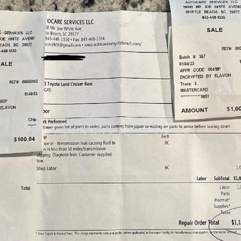 Autocare Services - The $1100 we were charged for their 'free diagnostic'. Ha!! - Auto Repair Near Me - Myrtle Beach, South Carolina Autocare Services - The $1100 we were charged for their 'free diagnostic'. Ha!! - Auto Repair Near Me - Myrtle Beach, South Carolina