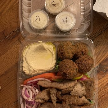 Dory's Cafe Grill Shop - Mix It Up Combo Platter- Gyro, Falafel, Hummus. Sauces on side - Mediterranean Near Me - Medford, New Jersey