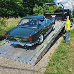 Hansen Towing and Recovery - Our classic 1967 Sunbeam Tiger being loaded on Hansen's flatbed trailer.