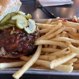 the memphis (PULLED PORK, KC SWEET BBQ SAUCE, HOME MADE SOUR DILL PICKLE), side of fries the memphis (PULLED PORK, KC SWEET BBQ SAUCE, HOME MADE SOUR DILL PICKLE), side of fries