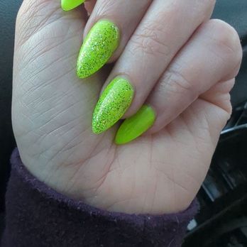 Royal Nails - Neon with glitter, short pointy almond, done by Kim. Gentle, fast, and my last set lasted 5 weeks! - Nail Salons Near Me - Seattle, Washington