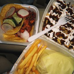Burger, 2 tacos de al pastor and carne asada fries. 10/10 Burger, 2 tacos de al pastor and carne asada fries. 10/10