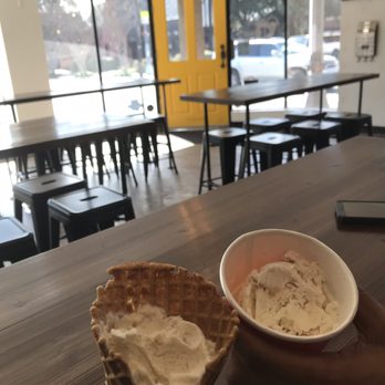 milk + sugar - My single Butter Pecan Strudel in a waffle cone and my husband's single strawberry almond cheesecake in a cup - Ice Cream & Frozen Yogurt Near Me - Houston, Texas milk + sugar - My single Butter Pecan Strudel in a waffle cone and my husband's single strawberry almond cheesecake in a cup - Ice Cream & Frozen Yogurt Near Me - Houston, Texas