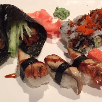 Sake Sushi - Eel Cucumber Hand Rolls, Dragon Roll (without Avocado), Eel and Crabmeat Sushi Pieces - Sushi Bars Near Me - Brooklyn, New York Sake Sushi - Eel Cucumber Hand Rolls, Dragon Roll (without Avocado), Eel and Crabmeat Sushi Pieces - Sushi Bars Near Me - Brooklyn, New York