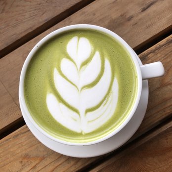 Flower House Cafe - Matcha latte with perfect leaf design (before I drank it halfway for the next photo) - New American Near Me - Langley, Washington