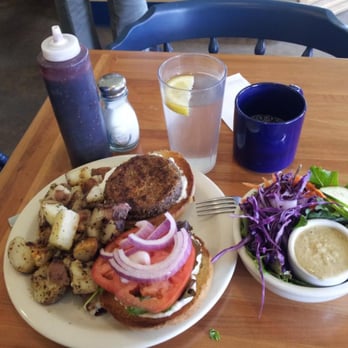 Morning Glory Café - Eggplant Burger with side salad - Vegetarian Near Me - Eugene, Oregon