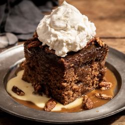 Whiskey Cake - Whiskey Cake:
sticky toffee cake, bourbon anglaise, spiced pecans, house made vanilla whipped cream