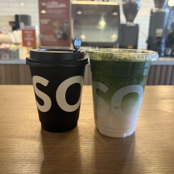 Solid Coffee Roasters - Sea Salt Sycamore Latte (left) and Strawberry Matcha Latte (right) - Coffee Roasteries Near Me - Artesia, California